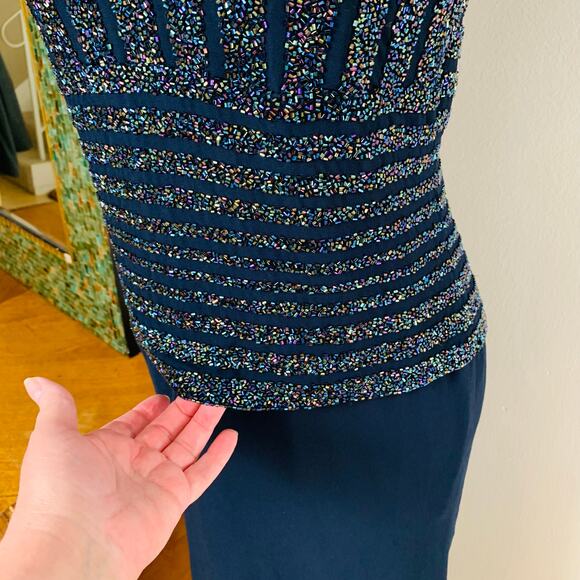 Vintage JKARA New York Size 10 Beaded Formal Evening Maxi Dress Navy Blue - Picture 6 of 10